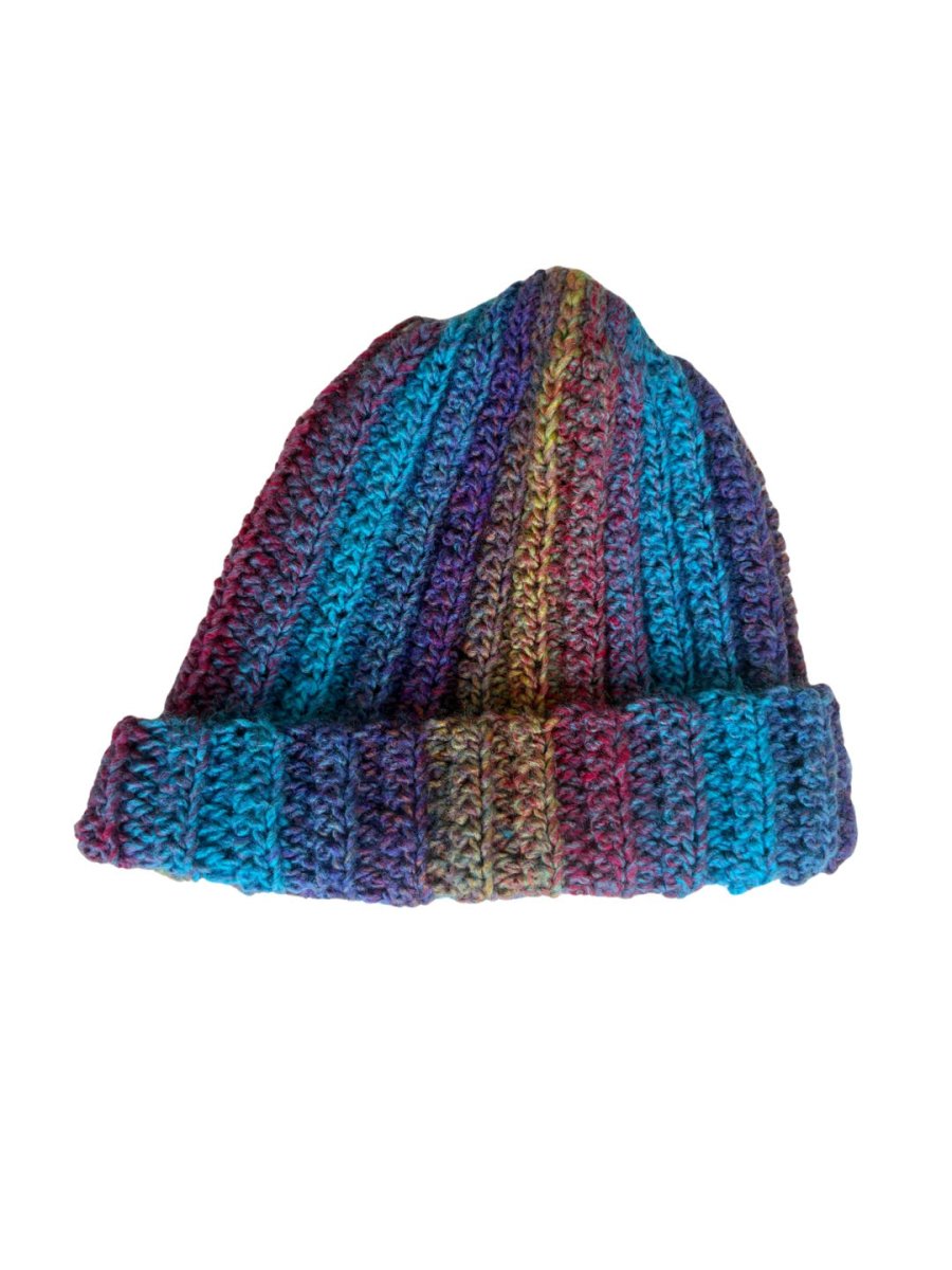 Hand Crochet Wide Cuff Beanie in Rainbow - Made X Hudson