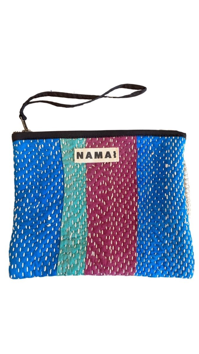 Biju Vintage Kantha Quilted Zipper Pouch in Colors Blue, Wine, White, Green & Black - Made X Hudson