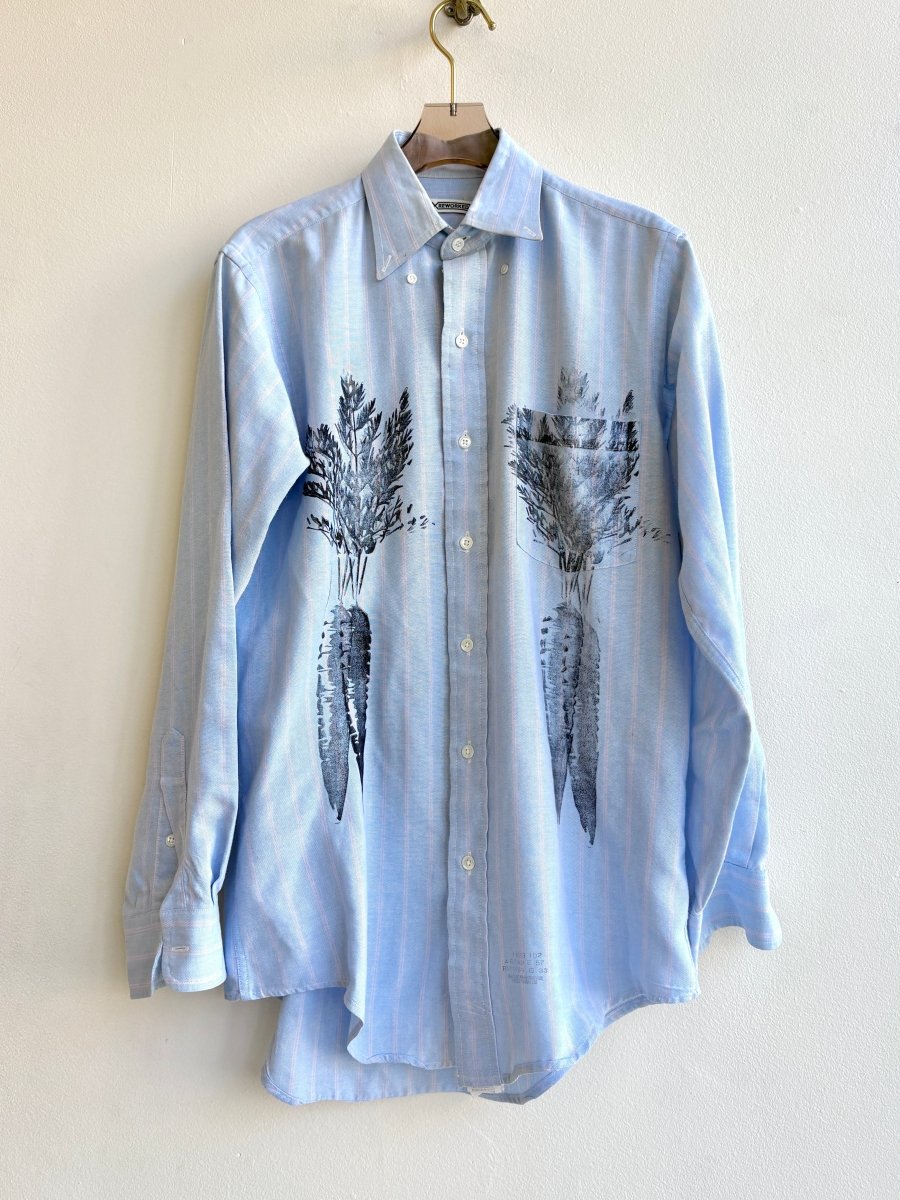 “Nova” Pale Blue and Pink Stripe Cluster Carrot Print Shirt (Reworked) - Made X Hudson