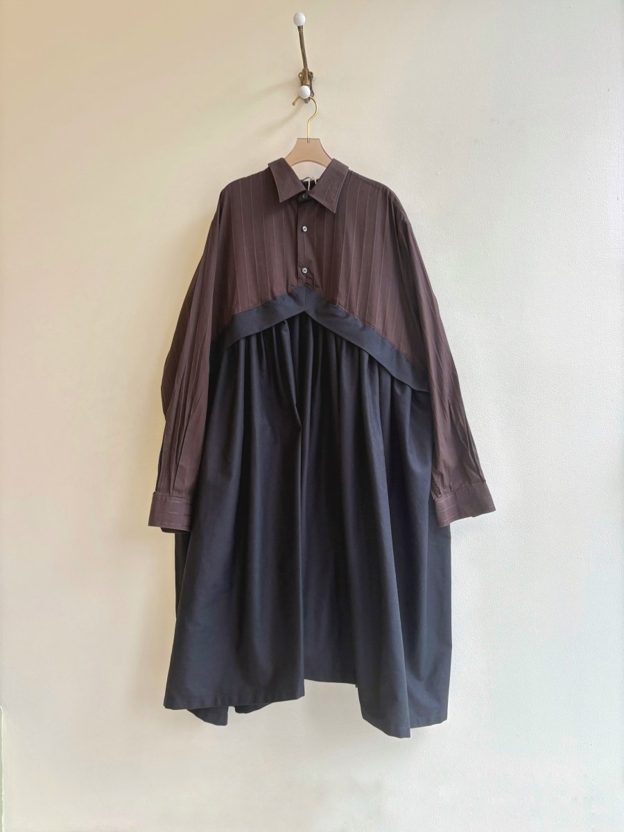 V - Line Shirtwaist Dress in Chestnut Stripe and Black Hemp Cotton (Reworked) - Made X Hudson