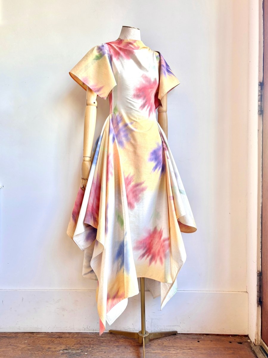 Deco Dress in Ivory, Yellow, Red, and Purple Watercolor Flowers Print - Made X Hudson