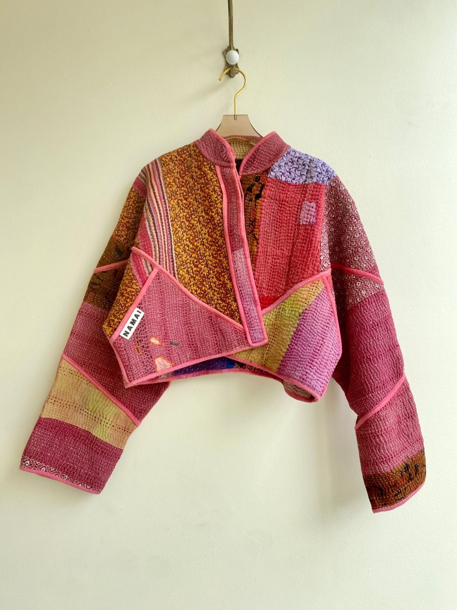 Reversible Kaira Quilted Cropped Jacket in Colors Red, Pink, Orange, Yellow, & Pale Pink Patchwork - Made X Hudson