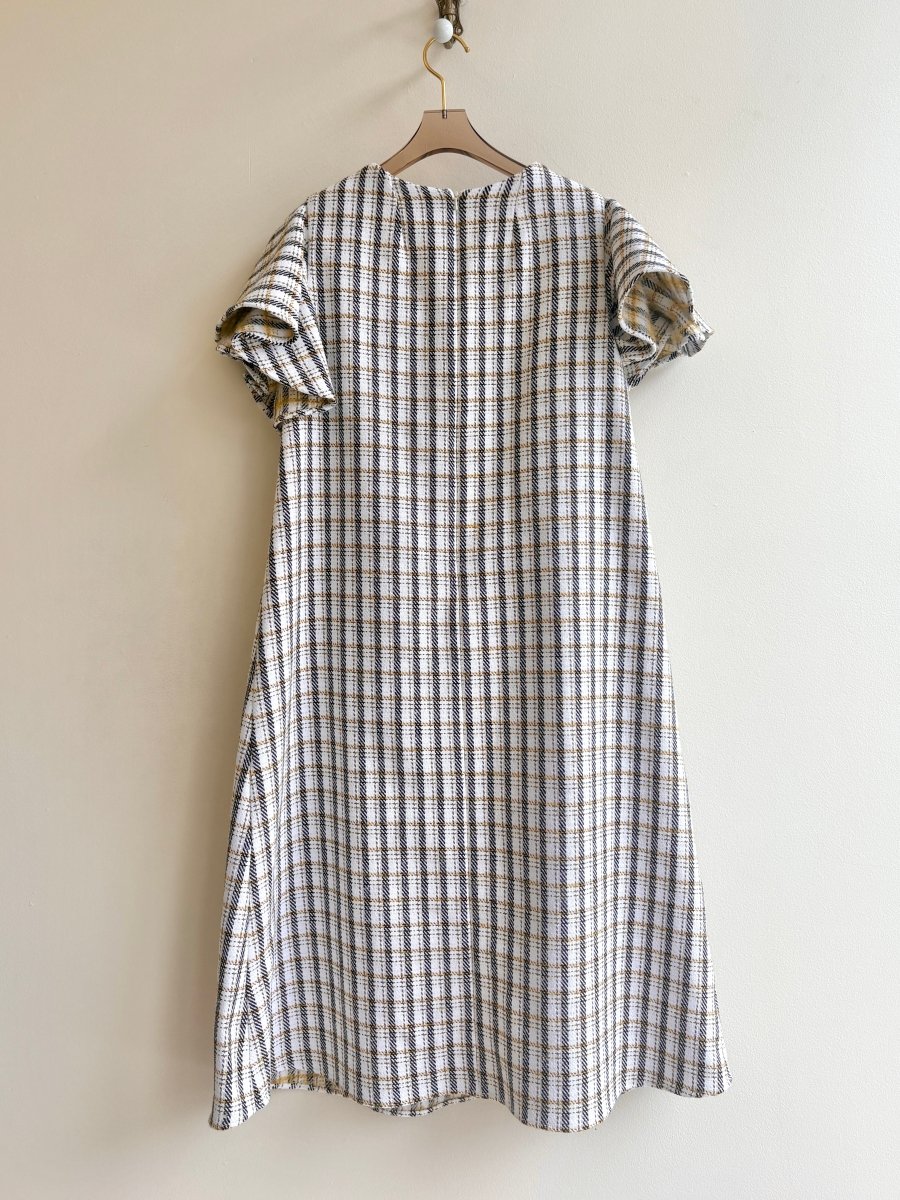 White, Gold, and Black Plaid Chore Dress with Flutter Sleeve - Made X Hudson