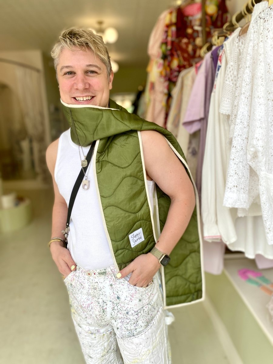 Light Olive Green Army Liner Quilted Scarf w/ White Bias Accent (Reworked) - Made X Hudson