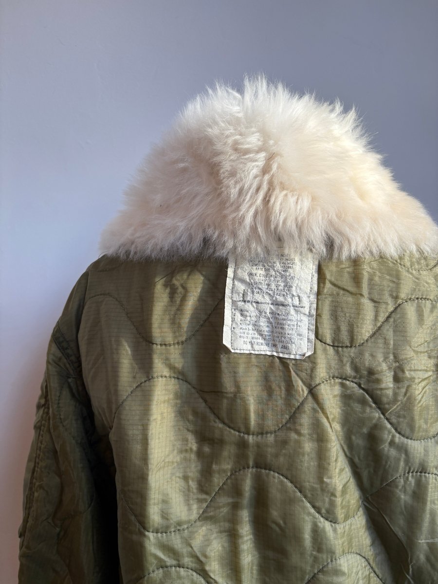 Olive Army Liner Quilted Coat w/ Cream Alpaca Fur Collar & Twill Tape Tie Closure (Reworked) - Made X Hudson