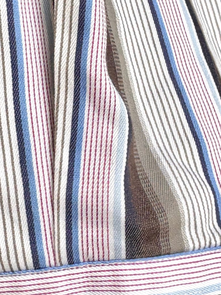 The George Top | Grey, Brown, Red, & Blue Striped Button Down Top w/ Smocked Waist (Reworked) - Made X Hudson