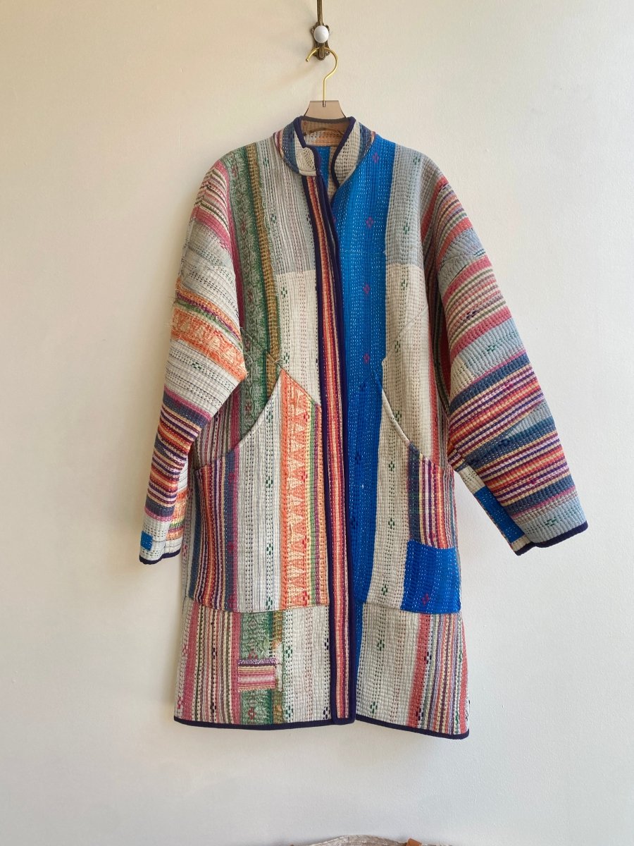 Reversible Long Trench Quilted Jacket in Orange, Tan, Blue Stripes & Green, Blue, Orange - Made X Hudson