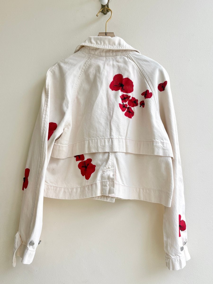 "Anemone" White and Red Double Breasted Cropped Denim Jacket (Reworked) - Made X Hudson