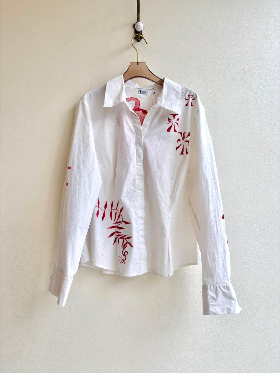 Good Luck Mixed Folk Button Down in White and Crimson | Hand Painted (Reworked) - Made X Hudson