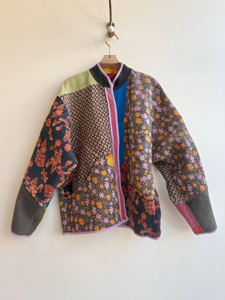 Reversible Ladhiya Quilted Jacket in Colors Red, Lavender, Orange & Multi Colored Floral Patchwork - Made X Hudson