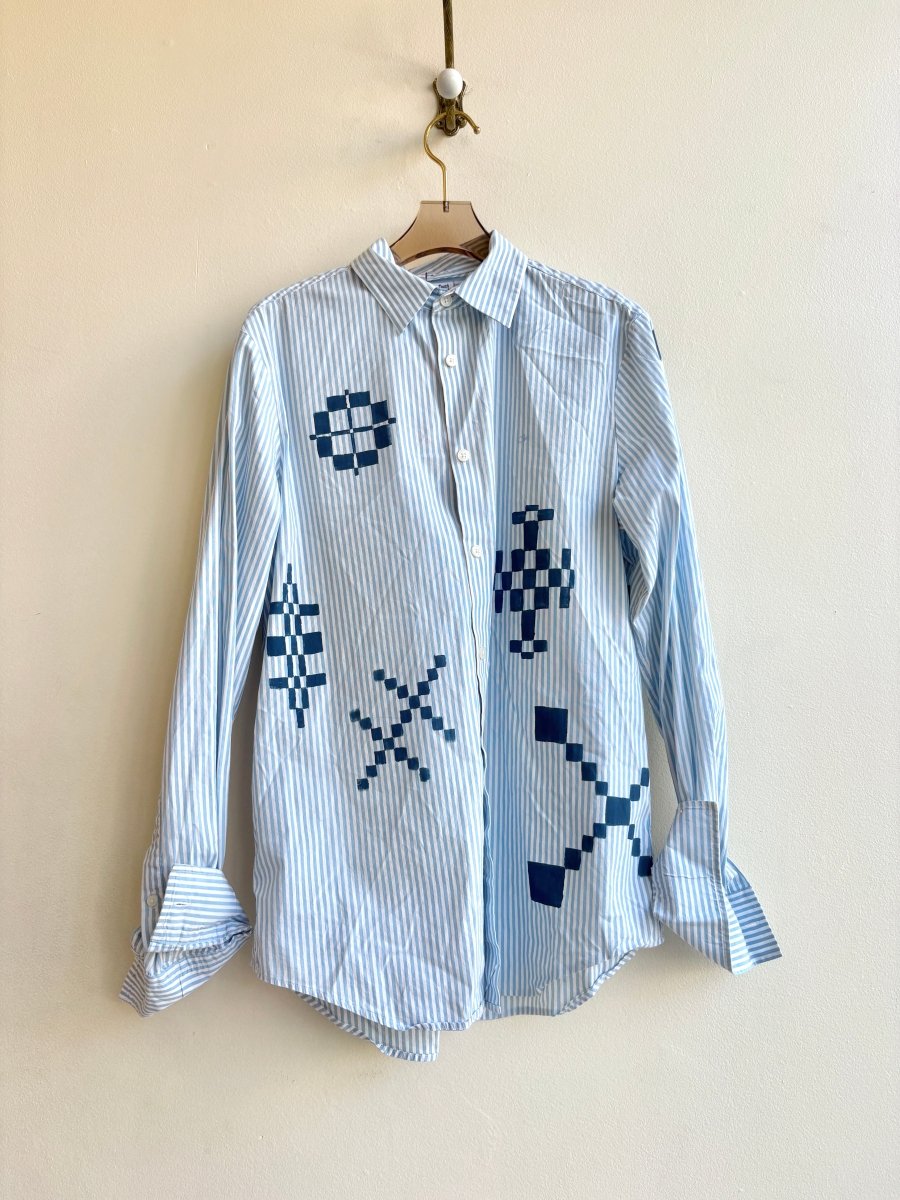 Ocean Quilt Checker Sky Blue Stripe Button-Up | Hand Painted (Reworked) - Made X Hudson