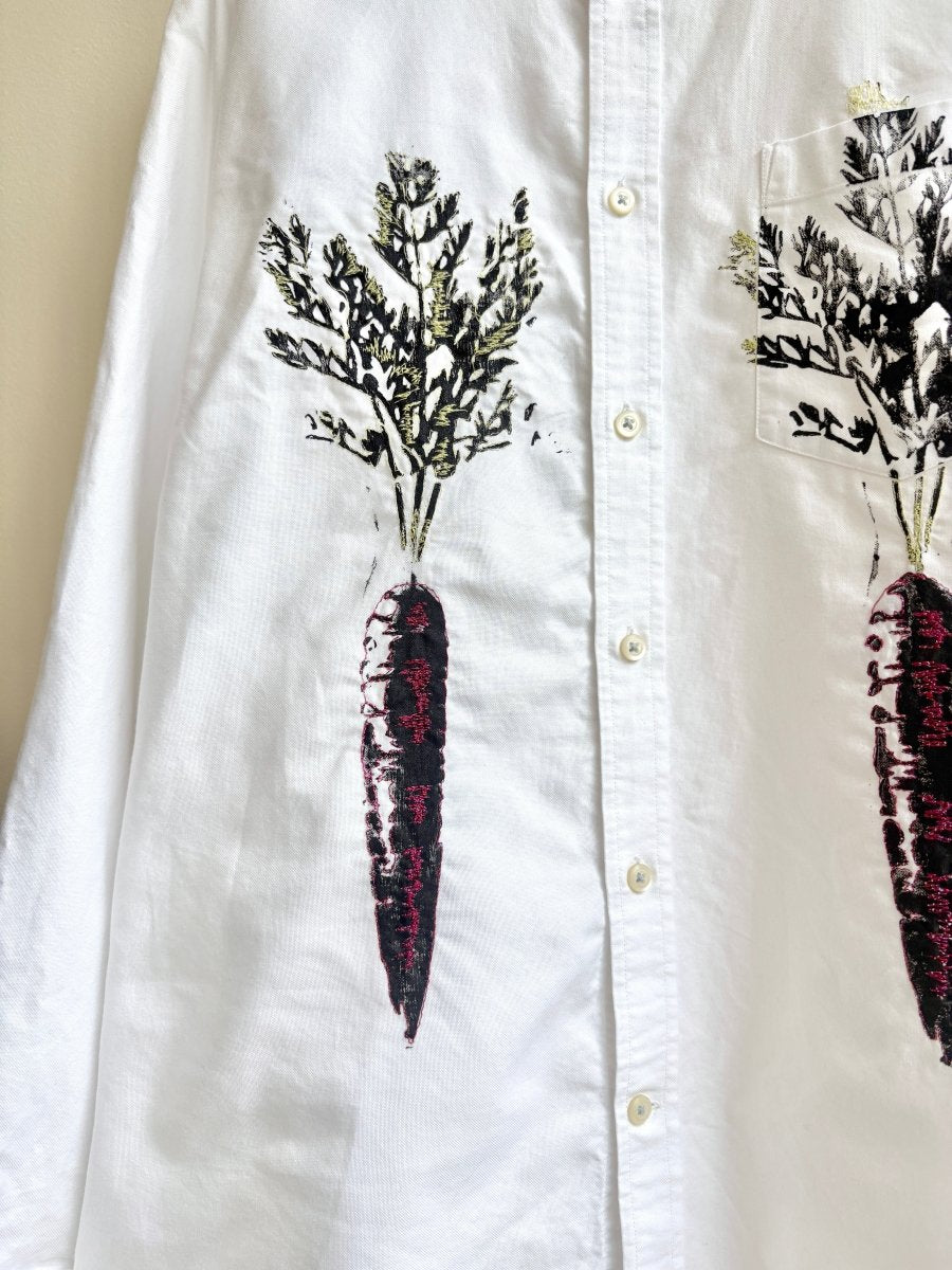 “Maddie” Neon Yellow and Fuchsia Embroidered & Stamped Carrot Print Shirt (Reworked) - Made X Hudson