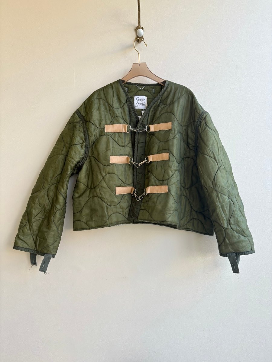 Dark Olive Green Army Liner Quilted Coat w/ Tan Leather & Silver - Tone Clasps (Reworked) - Made X Hudson