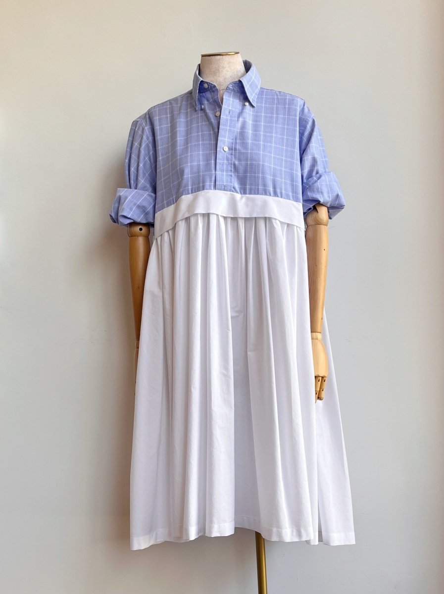Empire Shirtwaist Dress in Blue Windowpane & White (Reworked) - Made X Hudson