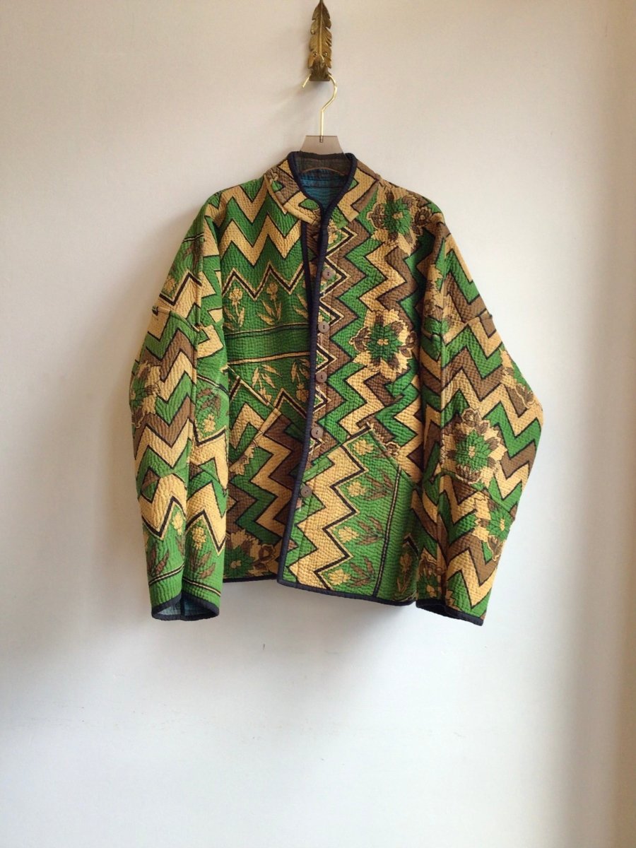 Reversible Ladhiya Quilted Jacket in Colors Green, Orange, Brown & Sky Blue, Brown, Orange - Made X Hudson