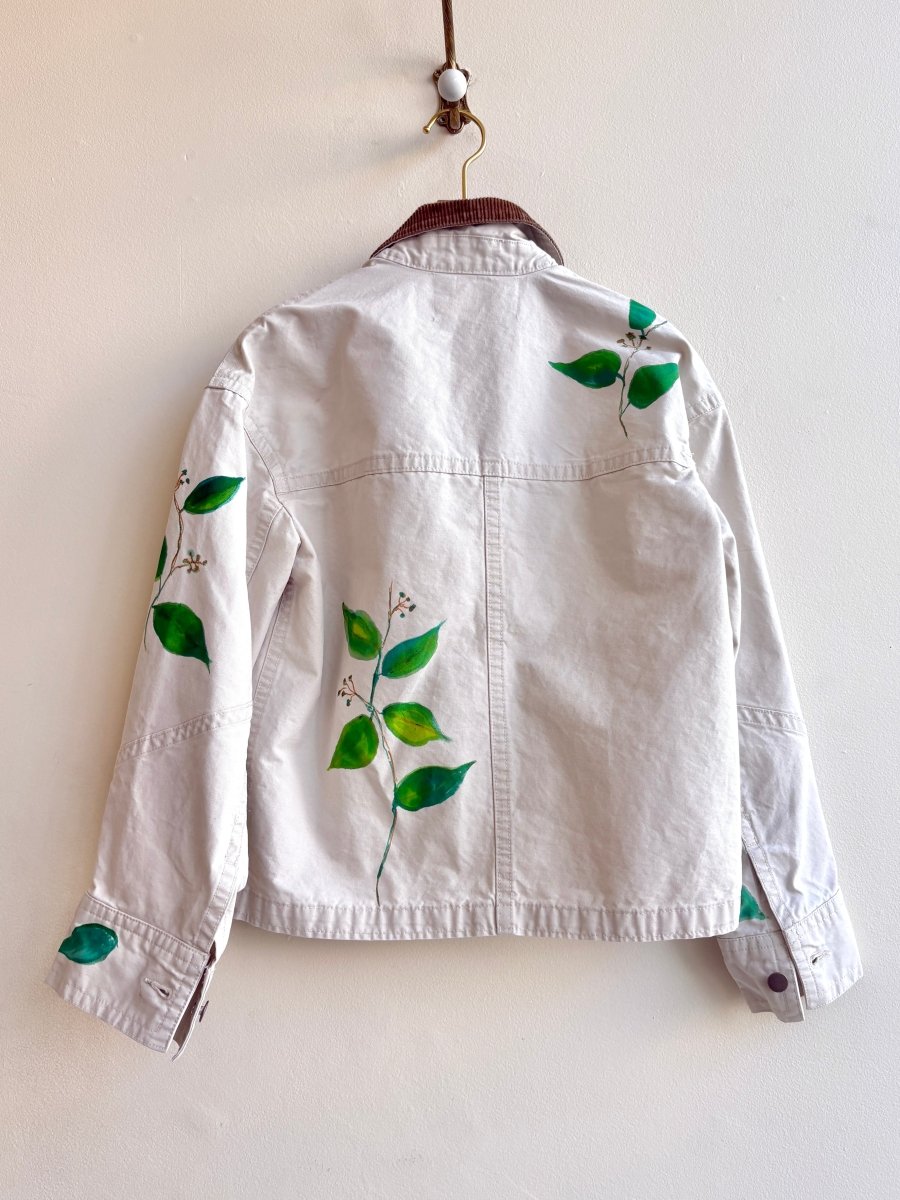 Corduroy Collared White Canvas Jacket with Hand Painted Vines (Reworked) - Made X Hudson