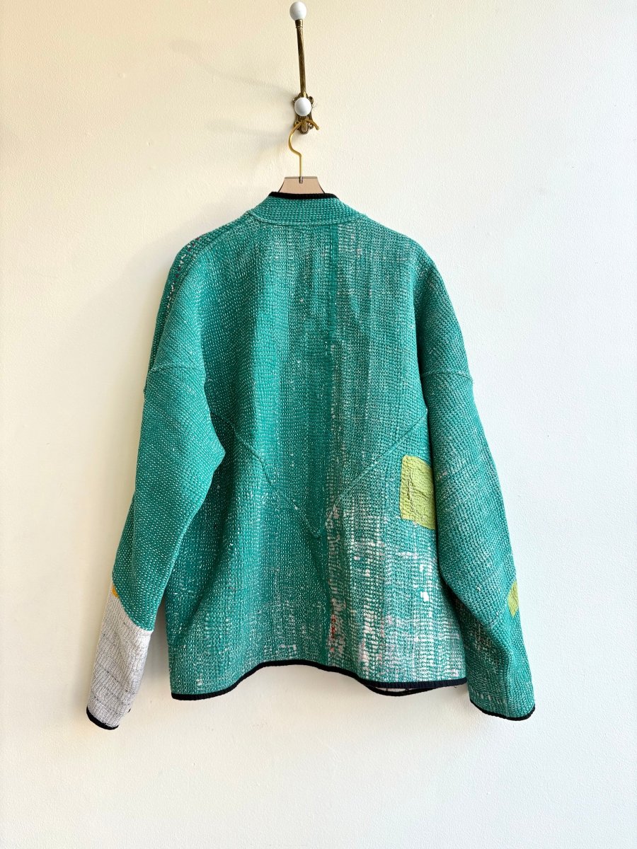 Reversible Ladhiya Quilted Jacket in Colors Cream w/ Multi Patchwork & Turquoise, Cream - Made X Hudson