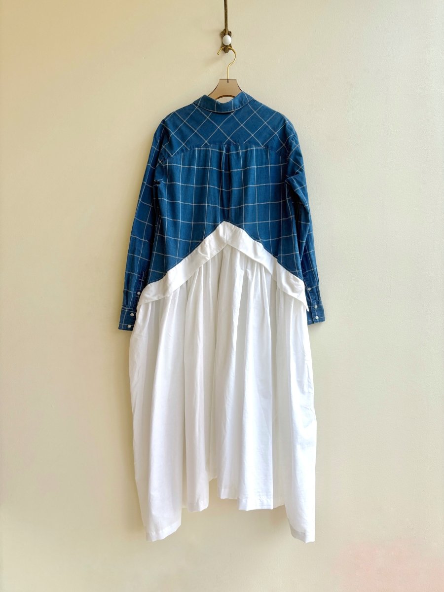 V - Line Shirtwaist Dress in Blue & White Windowpane & White (Reworked) - Made X Hudson