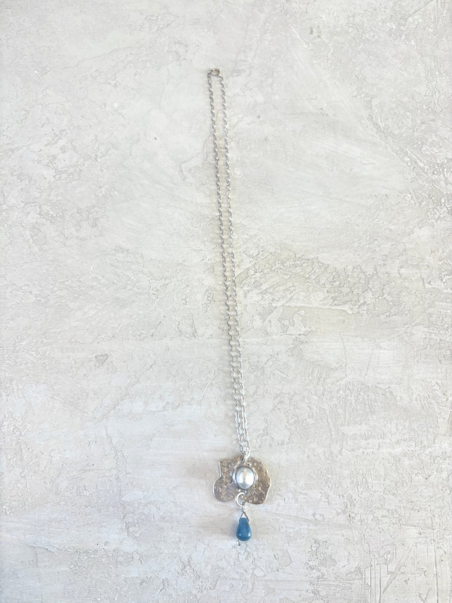 Blue Agate & Fresh Water Pearl Stone Set Sterling Silver Pendant Necklace - Made X Hudson