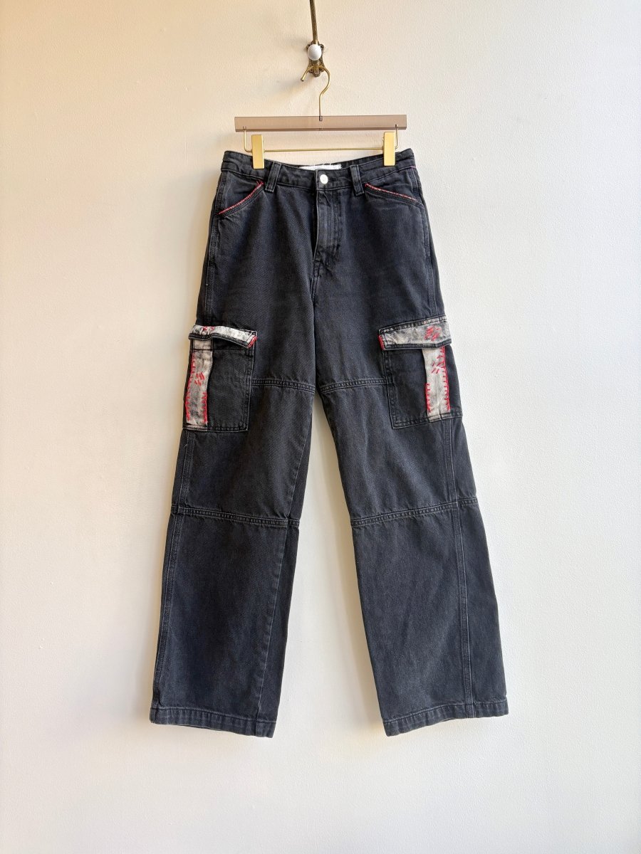 Black Denim and Red Embroidered Poppy Pocket Jeans (Reworked) - Made X Hudson