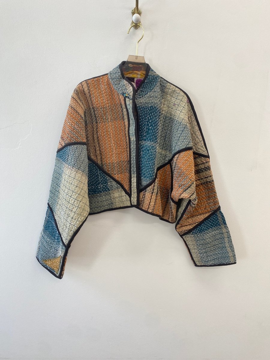 Reversible Kaira Quilted Cropped Jacket in Multi - Color Patchwork & Teal, Brown & Tan - Made X Hudson