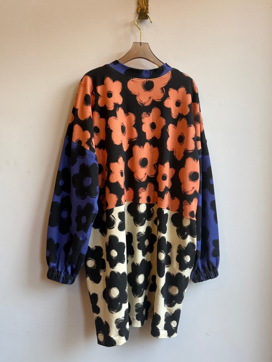 Blue, Orange & Black Flower Boxy Sweater Dress - Made X Hudson
