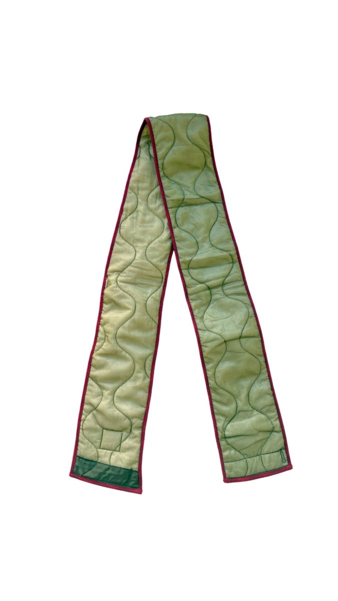 Light Olive Green Army Liner Quilted Scarf w/ Red Bias Accent (Reworked) - Made X Hudson