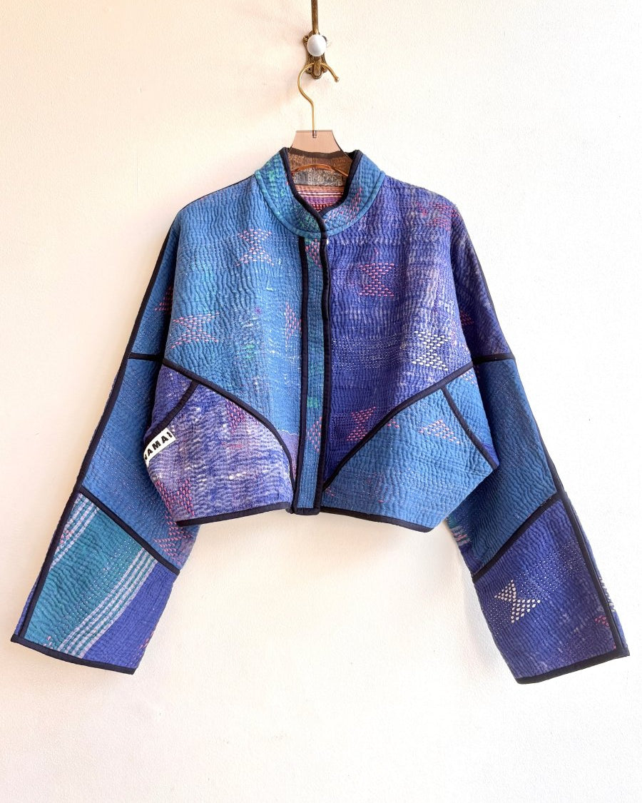 Reversible Kaira Quilted Cropped Jacket in Colors Blue, Neon Pink & Multi - Colored Stripe Mustard, Purple, Orange - Made X Hudson
