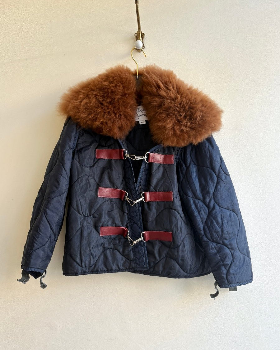 Deep Navy Army Liner Quilted Coat w/ Brown Alpaca Fur Collar & Dark Burgundy Clasps (Reworked) - Made X Hudson