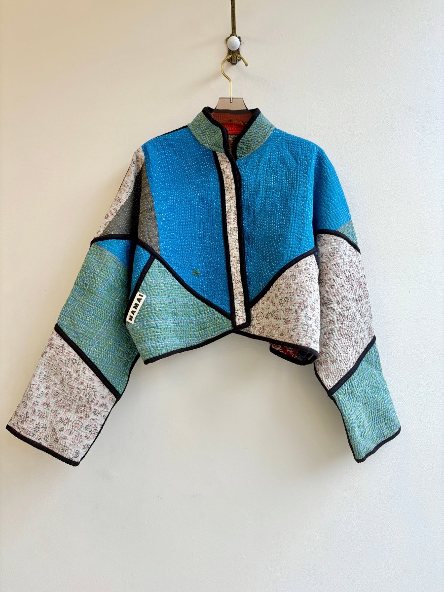 Reversible Kaira Quilted Cropped Jacket in Colors Green, Blue, Cream, Grey & Patchwork Orange, Violet, Green, Red - Made X Hudson
