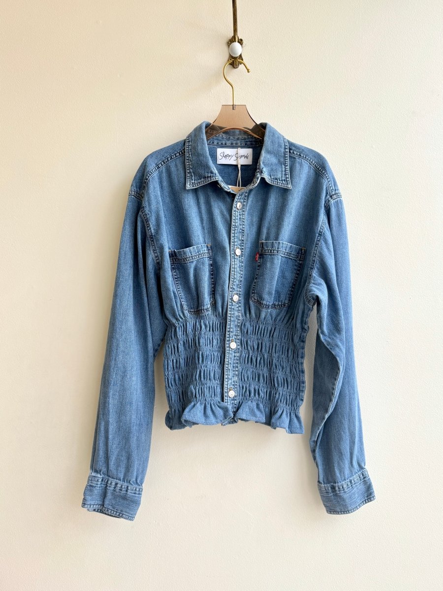 The George Top | Blue Denim Button Down Top w/ Smocked Waist (Reworked) - Made X Hudson