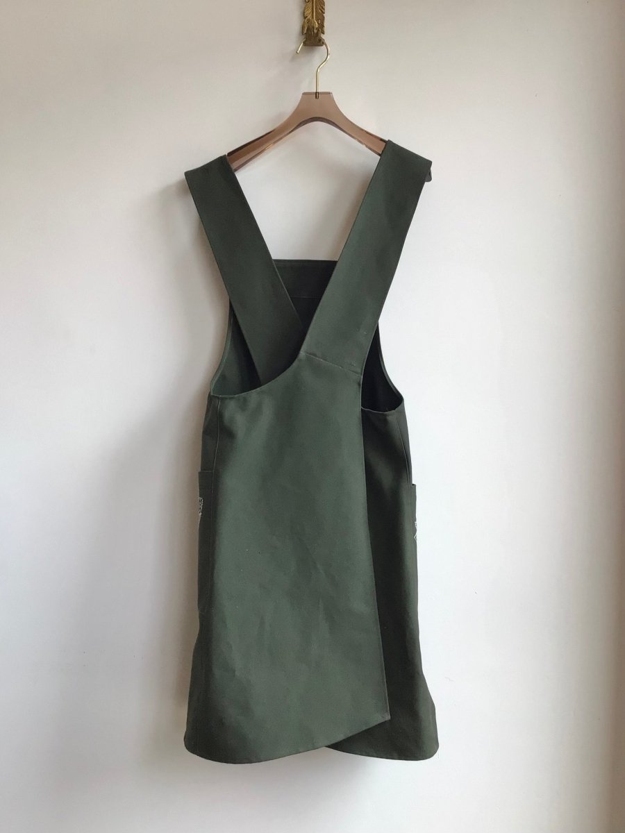 Army Green Cotton Canvas Hand - Embroidered Pinafore Apron - Made X Hudson