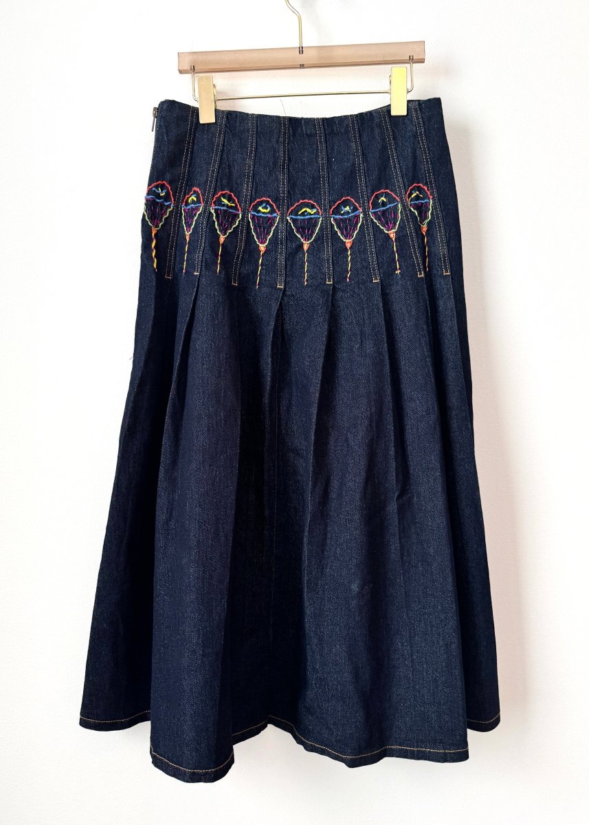 "Lollie" Denim Pleated Skirt with Embroidery (Reworked) - Made X Hudson