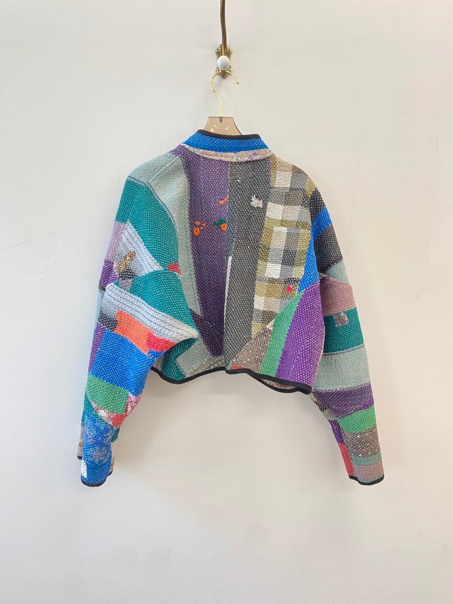 Reversible Kaira Quilted Cropped Jacket in Colors Plum, Green, Blue w/ Embroidered Orange Flowers & Lavender, Pink, Yellow, Orange - Made X Hudson