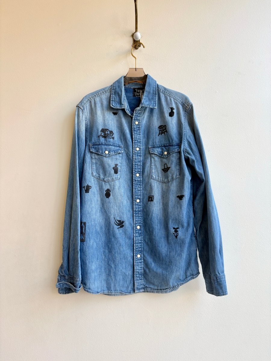 Tiny Print Blue Cowboy Denim with White Snaps in Black | Block Printed (Reworked) - Made X Hudson