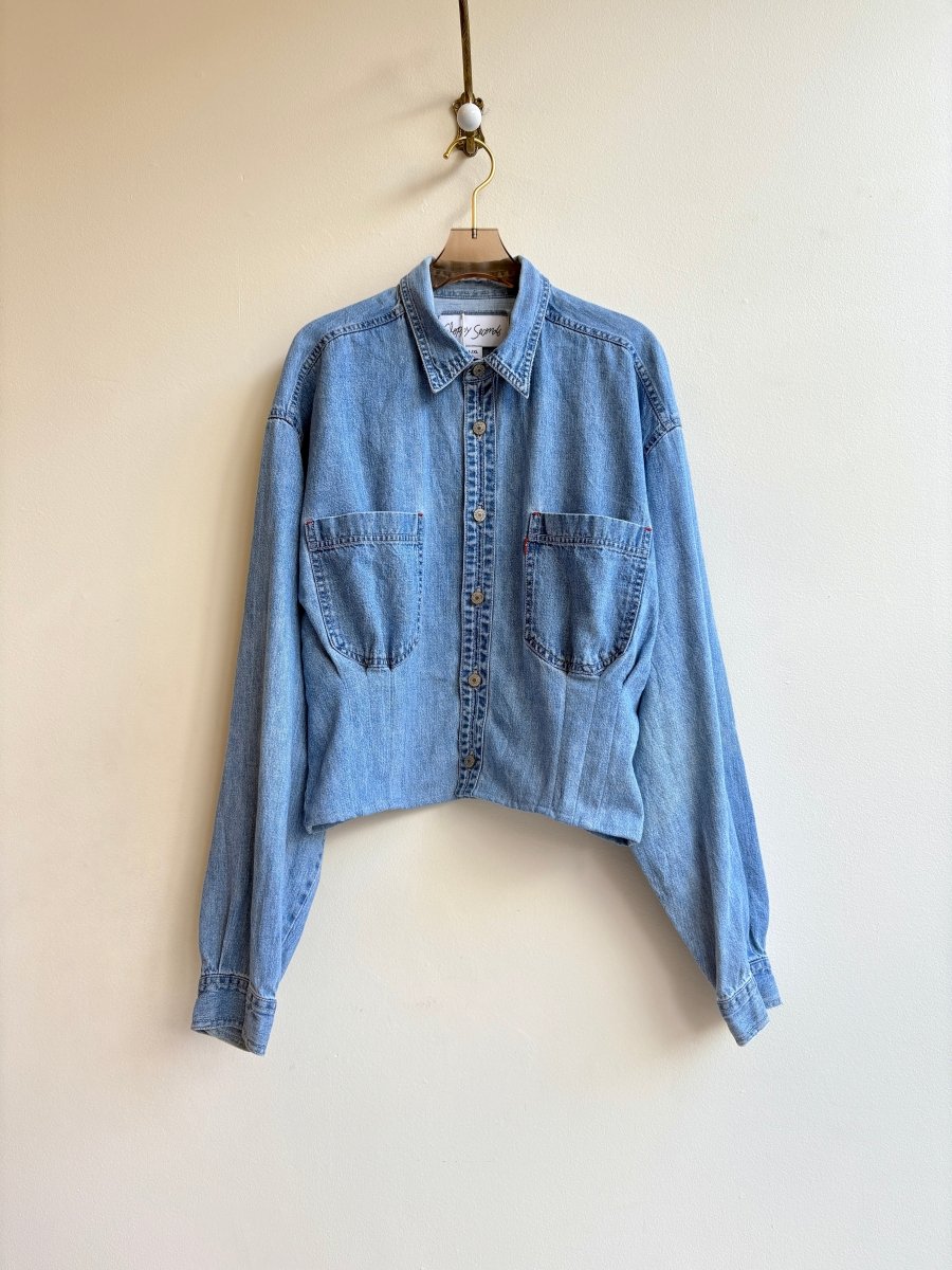 The Kevin Top | Vintage Blue Denim Top w/ Silver Buttons & Gathered Waist (Reworked) - Made X Hudson