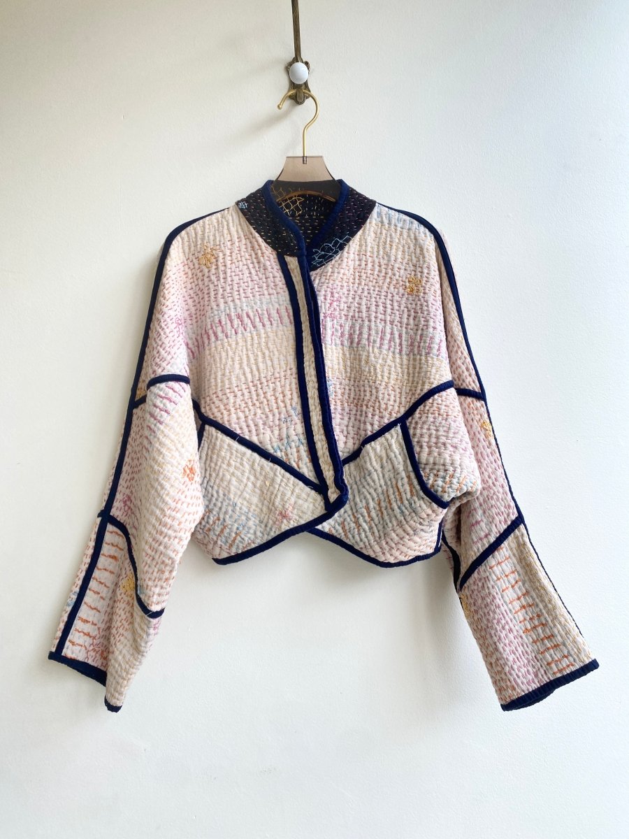 Reversible Kaira Quilted Cropped Jacket in Colors Cream w/ Pastel Embroidery & Black w/ Pastel Embroidery - Made X Hudson