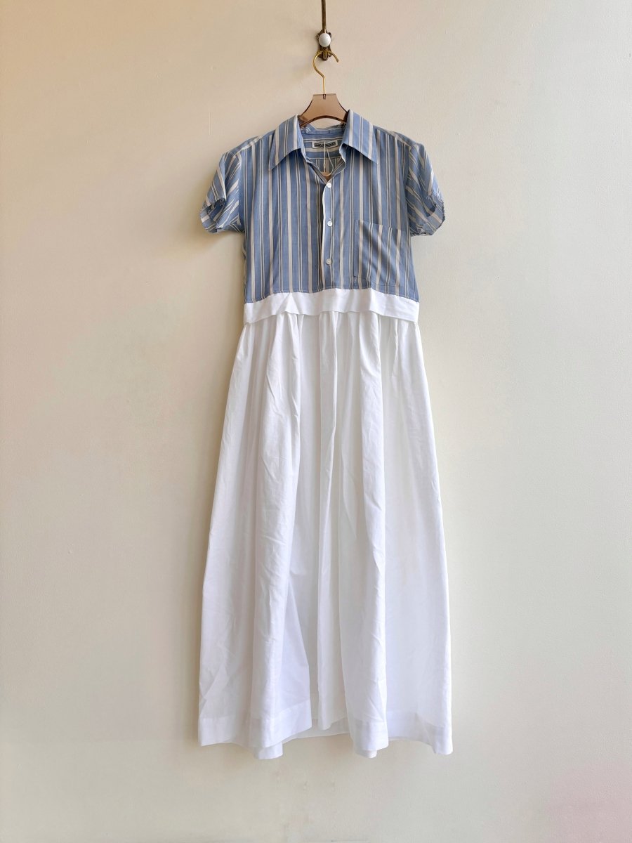 Empire Shirtwaist Dress in Pale Blue & Ivory Stripe & White w/ Short Sleeves (Reworked) - Made X Hudson
