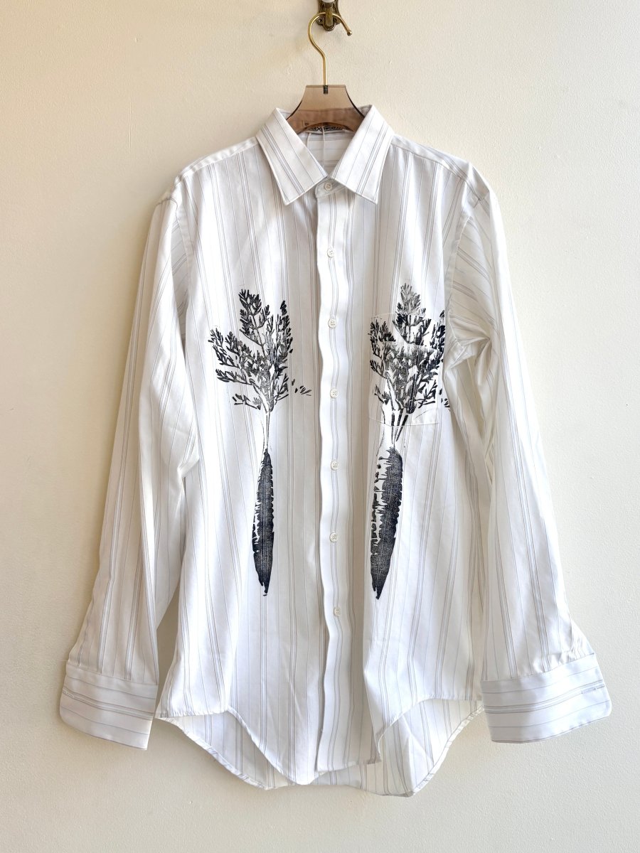 “Ruth” Cream, Tan, and Blue Stripe Carrot Print Shirt (Reworked) - Made X Hudson