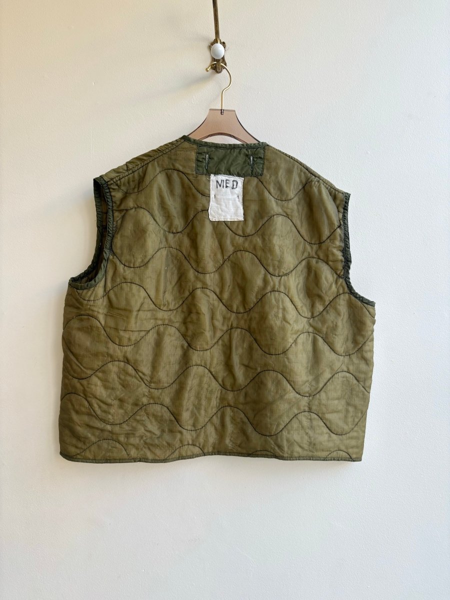Olive Green Army Liner Quilted Vest w/ Orange Zipper & Pockets (Reworked) - Made X Hudson