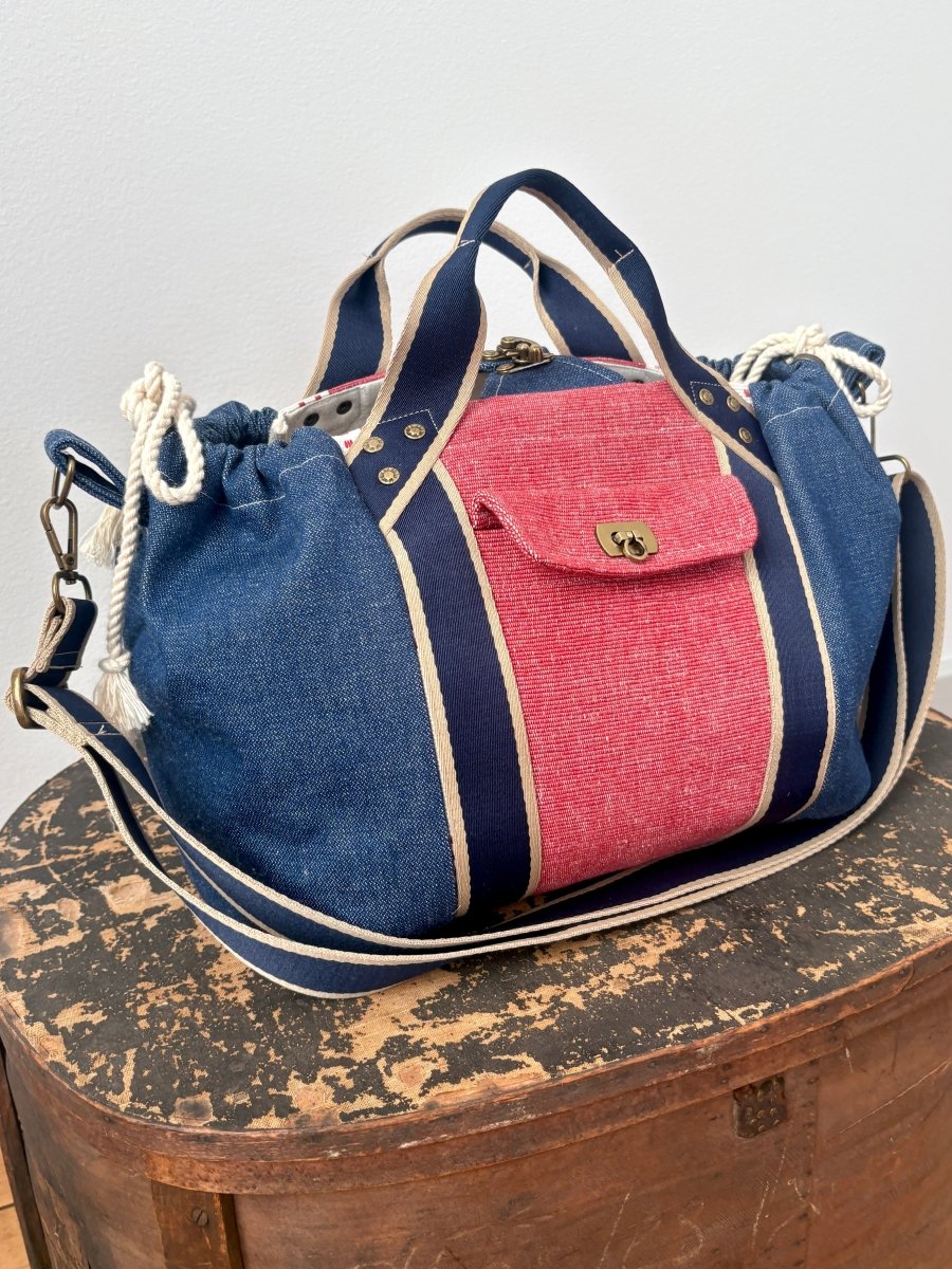 Mini Cross - Body Duffel Bag in Dark Denim and Woven Red w/ Navy Webbing - Made X Hudson