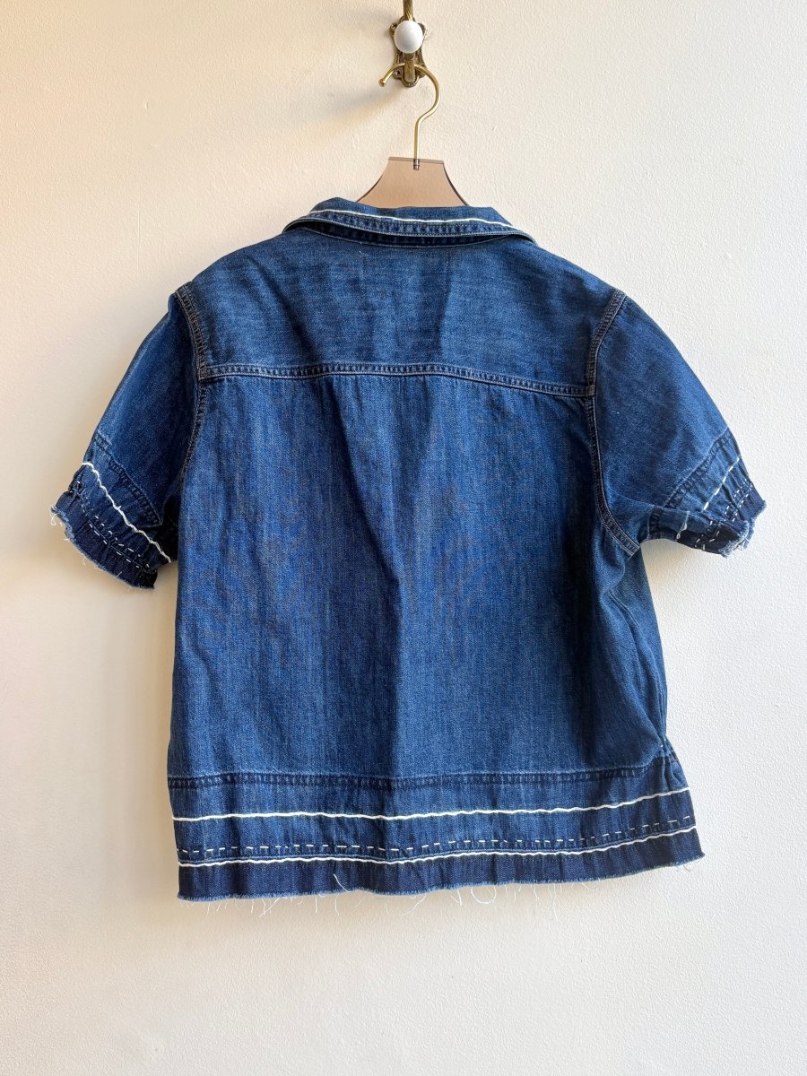 Denim and White Line Embroidered Short Sleeve Top (Reworked) - Made X Hudson