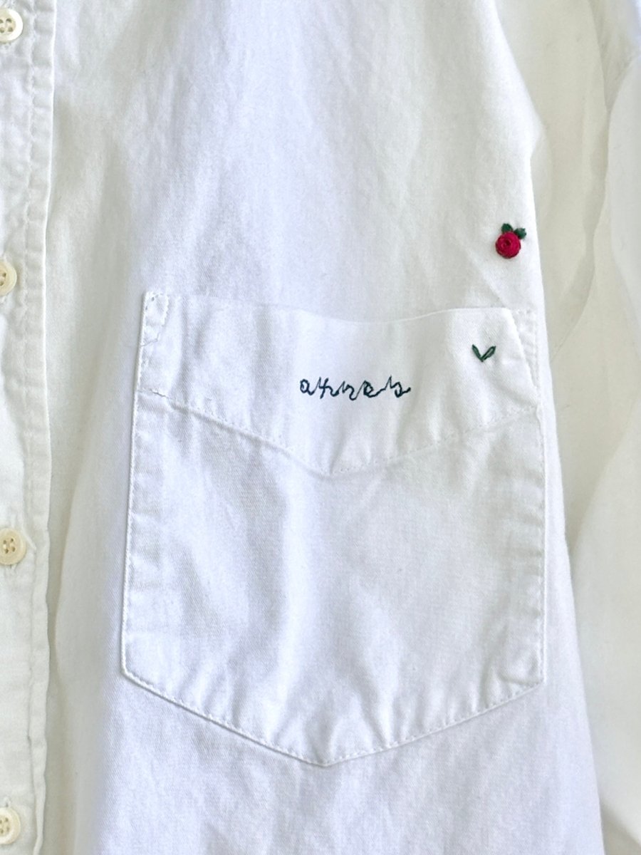 Two - Tone White & Micro Stripe Red Button Down with Embroidered Rose on Chest (Reworked) - Made X Hudson