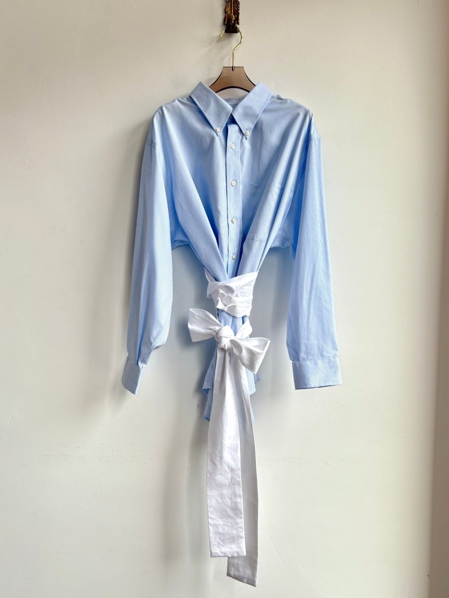 The Patrick Top | Blue Mini Checkered Shirt w/ White Belting (Reworked) - Made X Hudson