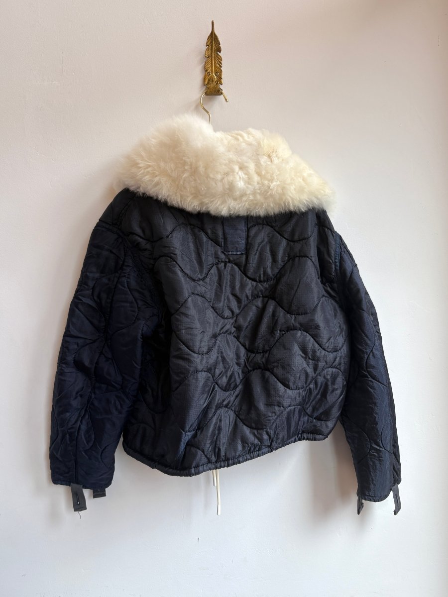 Navy Army Liner Quilted Coat w/ White Alpaca Fur Collar, White Buttons & White Drawstring (Reworked) - Made X Hudson