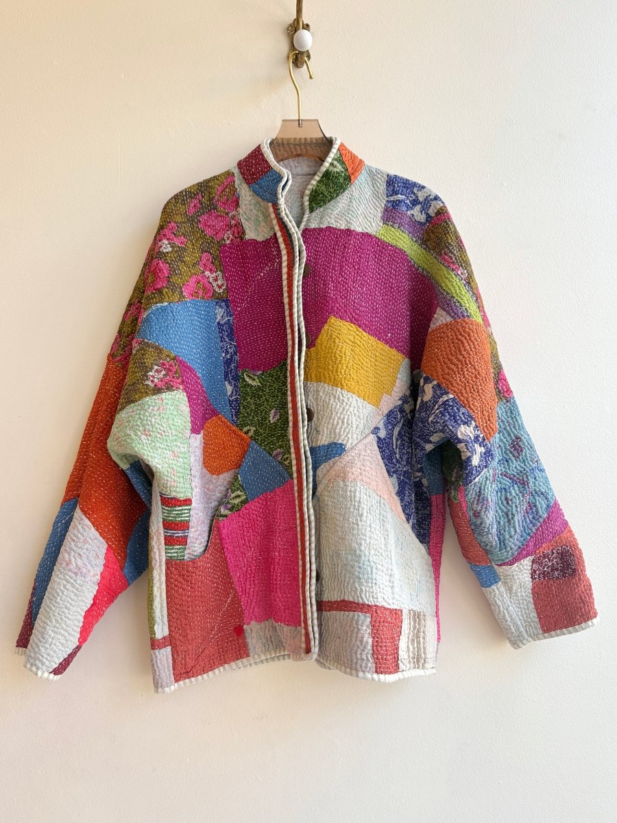 Reversible Ladhiya Quilted Jacket in Colors Sky Blue, Cream, Pink, Green & Multi Colored Patchwork - Made X Hudson