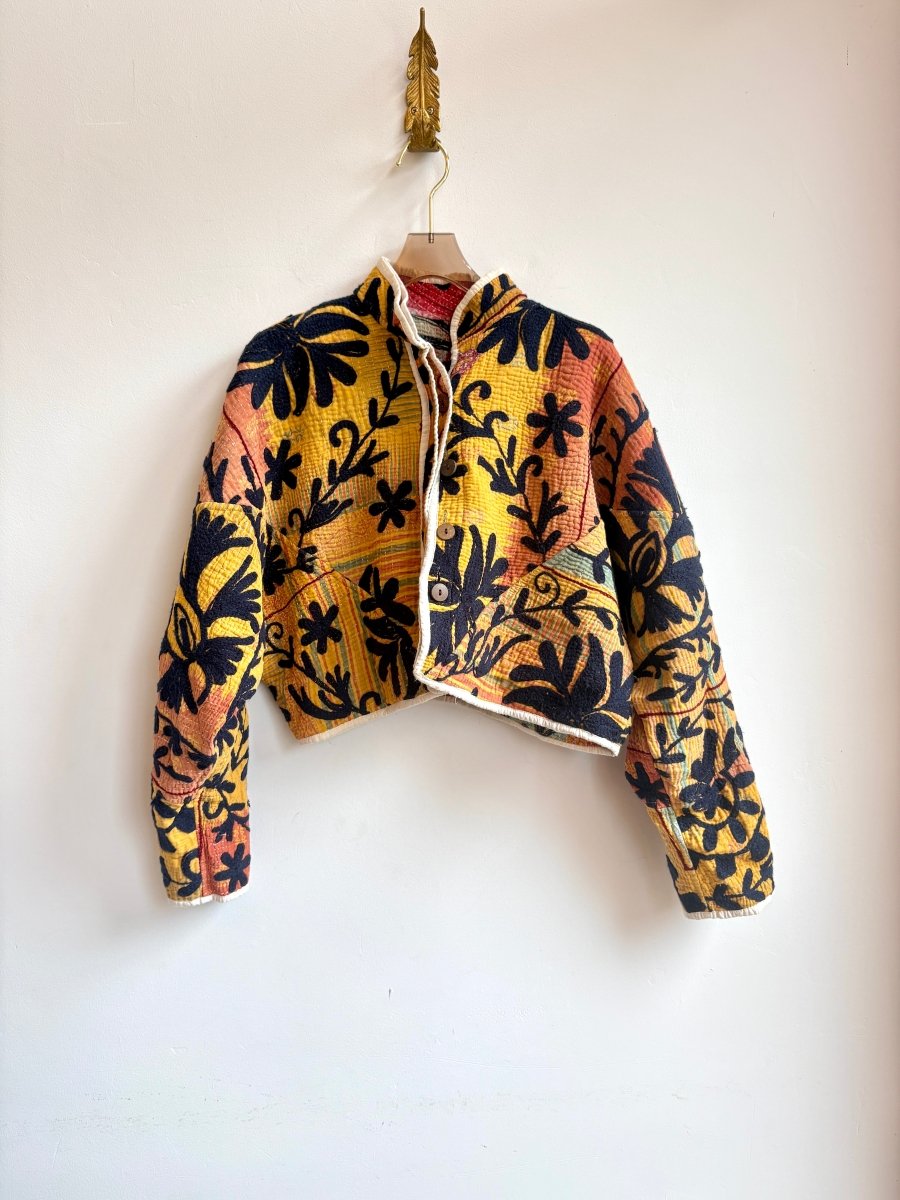 Reversible Kaira Suzani Quilted Cropped Jacket in Colors Mustard, Rust, Sage, Black & Red, Teal, Mustard, Black - Made X Hudson