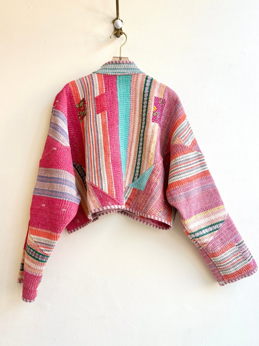 Reversible Kaira Quilted Cropped Jacket in Colors Pink, Orange, Lavender, Cream Stripes - Made X Hudson