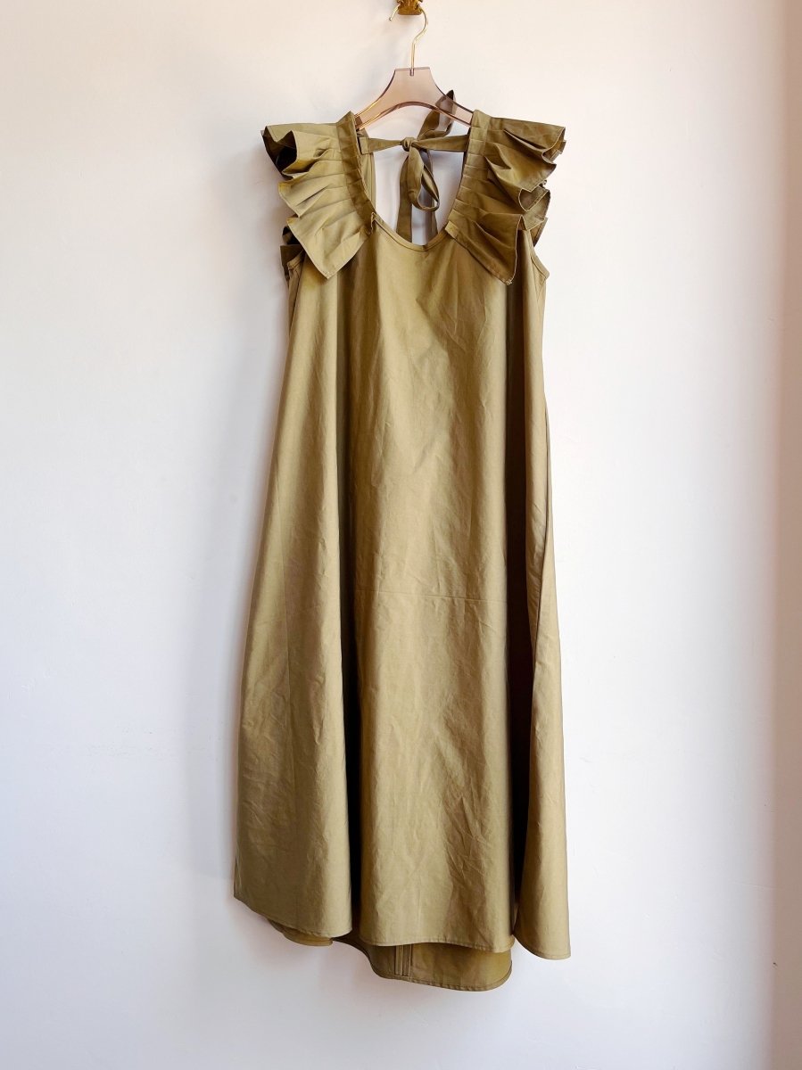 Olive Green Sleeveless Keyhole Back Ruffle Dress w/ Belt - Made X Hudson