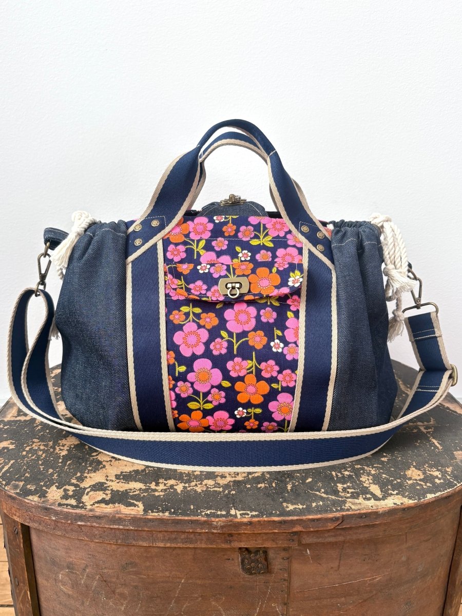 Mini Cross - Body Duffel Bag in Denim and Pink Retro Flowers w/ Navy Webbing - Made X Hudson